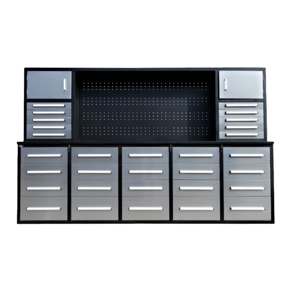 Chery Industrial Steelman 10’ Storage Cabinet with Workbench, 30 Drawers